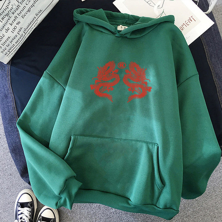 Unisex nan Oversize-Kapuzenpullover mit doppelseitigem Drachendesign, Kängurutasche und gerippten Bündchen Drune