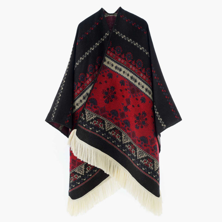 Damen Gewebter Ethno-Poncho mit Fransen und Jacquardmuster Drune