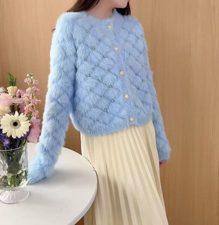 Damen Flauschiger Strickcardigan mit Perlen Drune