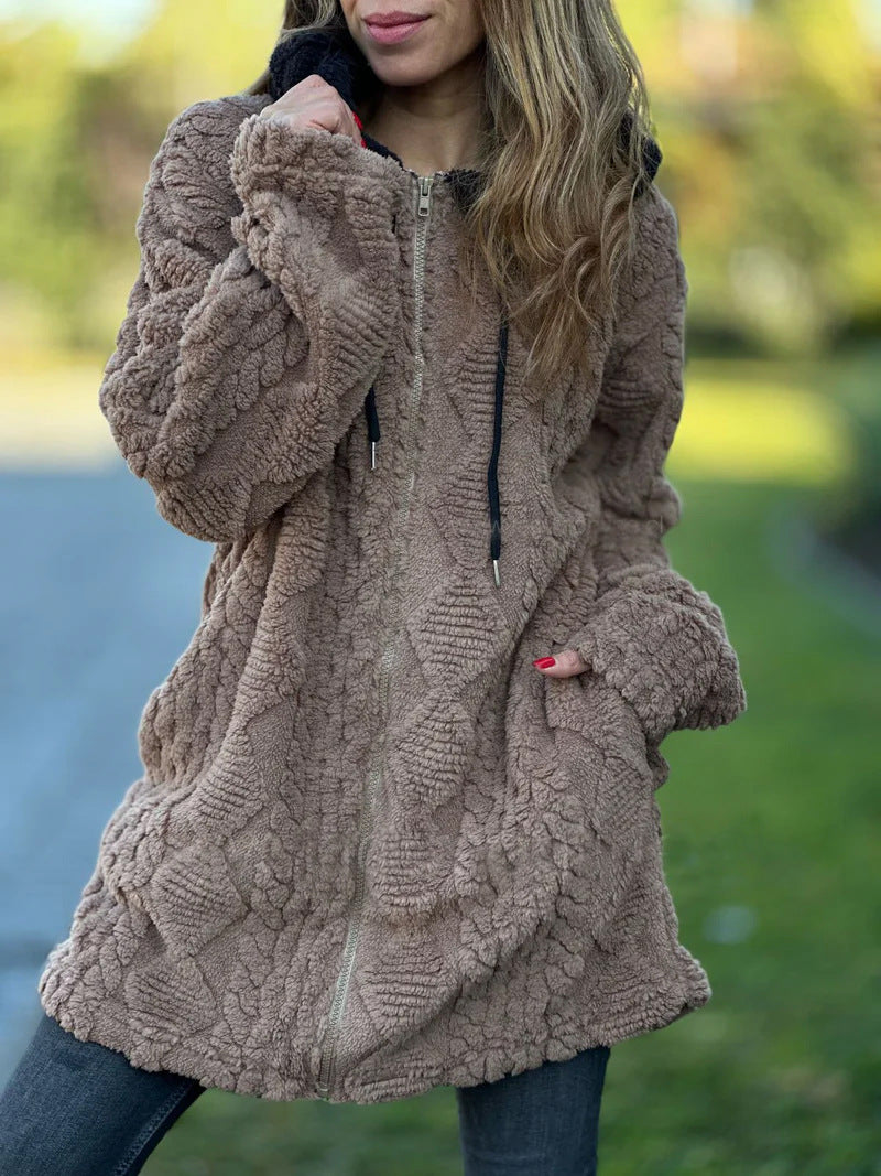 Damen nan oversized Teddy-Manteljacke mit Kontrastkapuze, Reißverschluss und Eingrifftaschen Drune