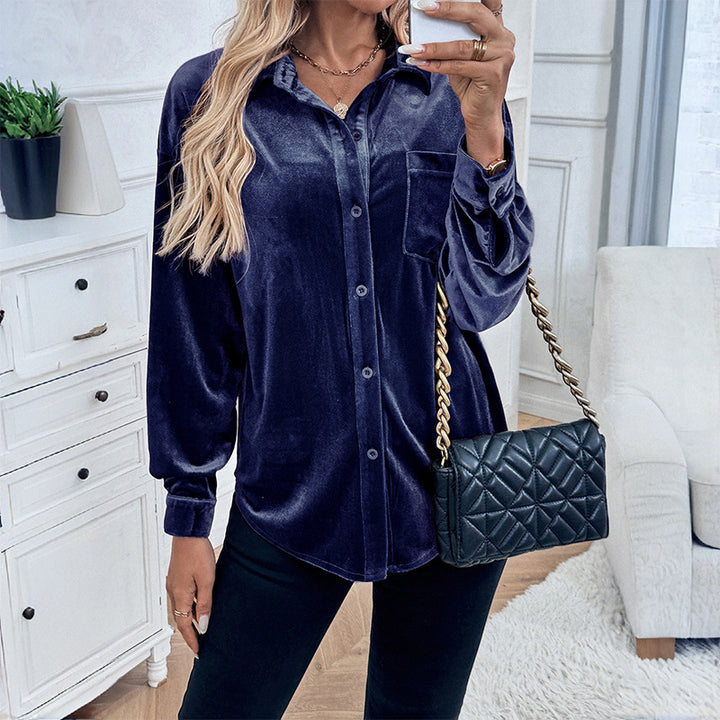 Damen Elegante Samt Bluse mit Knopfdetails Drune