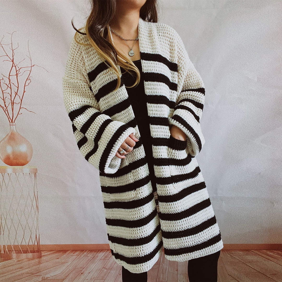 Damen lässige Strickjacke mit modernem Streifenmuster und weiten Ärmeln Drune