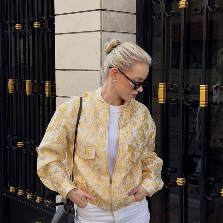 Damen Geprägte Bomberjacke mit Blumenjacquard, Reißverschluss und aufgesetzten Taschen Drune
