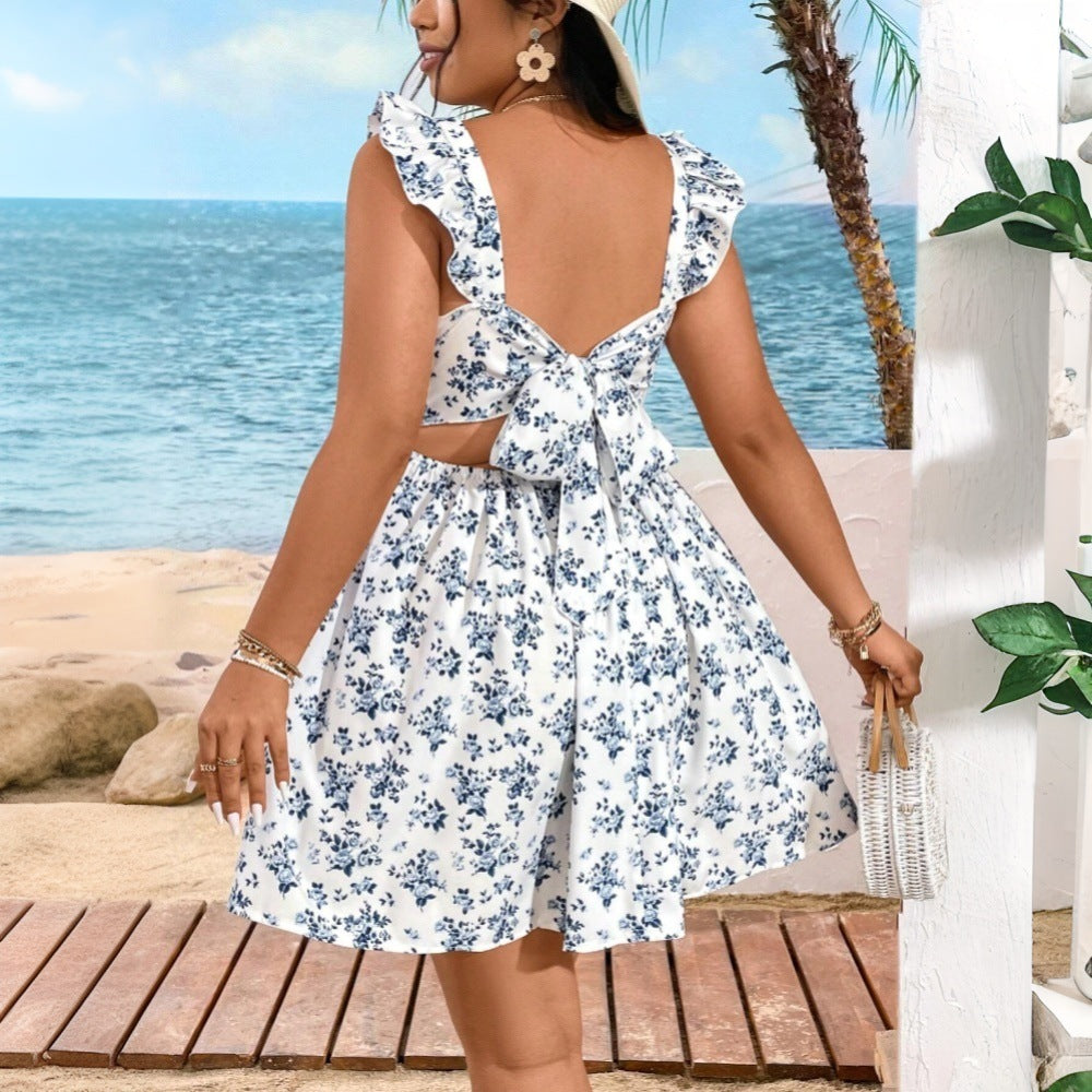 Damen Sommerliches Blütenkleid mit Rüschendetails und Quadrat-Ausschnitt Drune