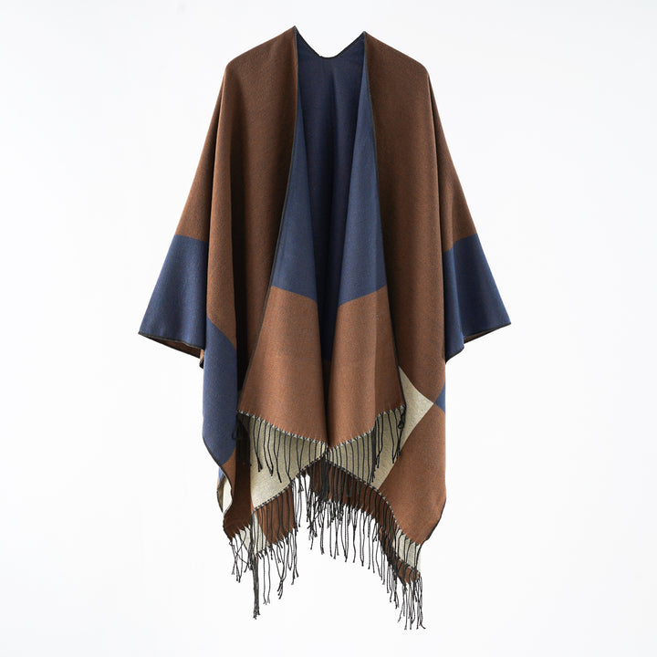 Damen eleganter Wollmix-Capeponcho mit grafischem Blockmuster und Fransen Drune