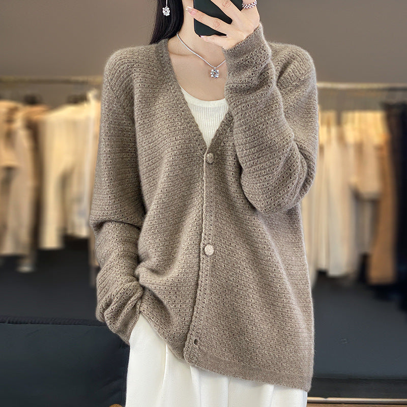 Damen Offener Ajour-Strickcardigan mit dezentem Flauschfinish und kastiger Oversize-Silhouette Drune