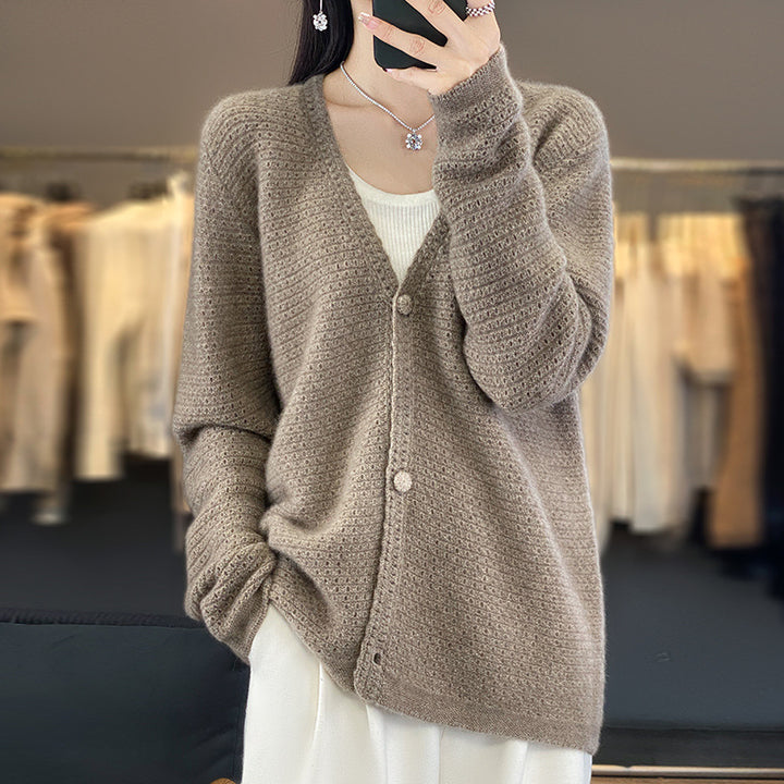 Damen Offener Ajour-Strickcardigan mit dezentem Flauschfinish und kastiger Oversize-Silhouette Drune