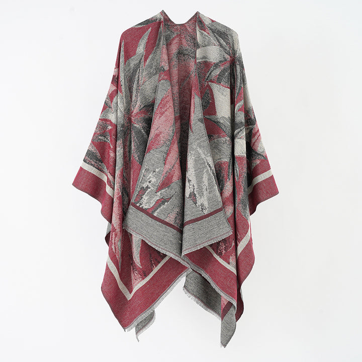 Damen Jacquard-Überwurfponcho mit floral-abstrakter Webstruktur und weichfallendem Oversize-Cape Drune