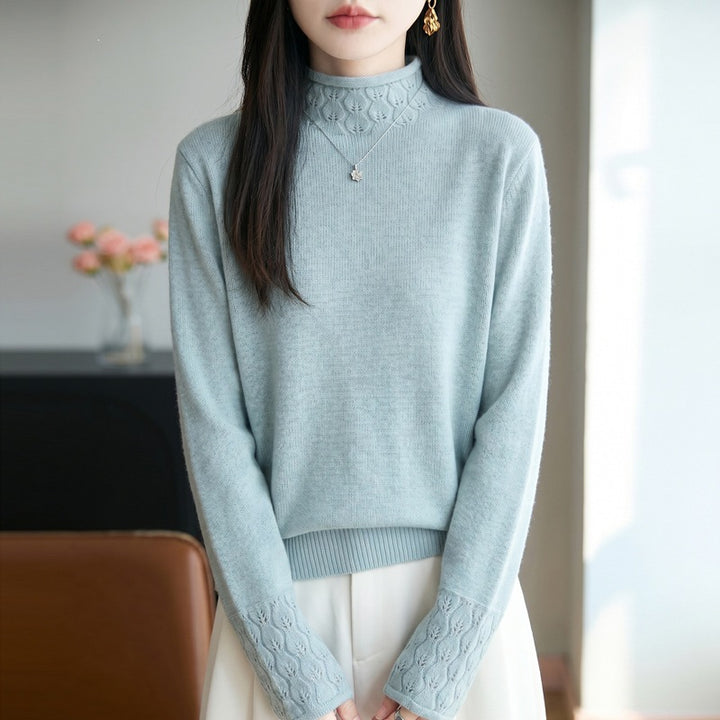 Damen Mockneck-Feinstrickpullover mit Ajour-Detail an Kragen und Bündchen Drune