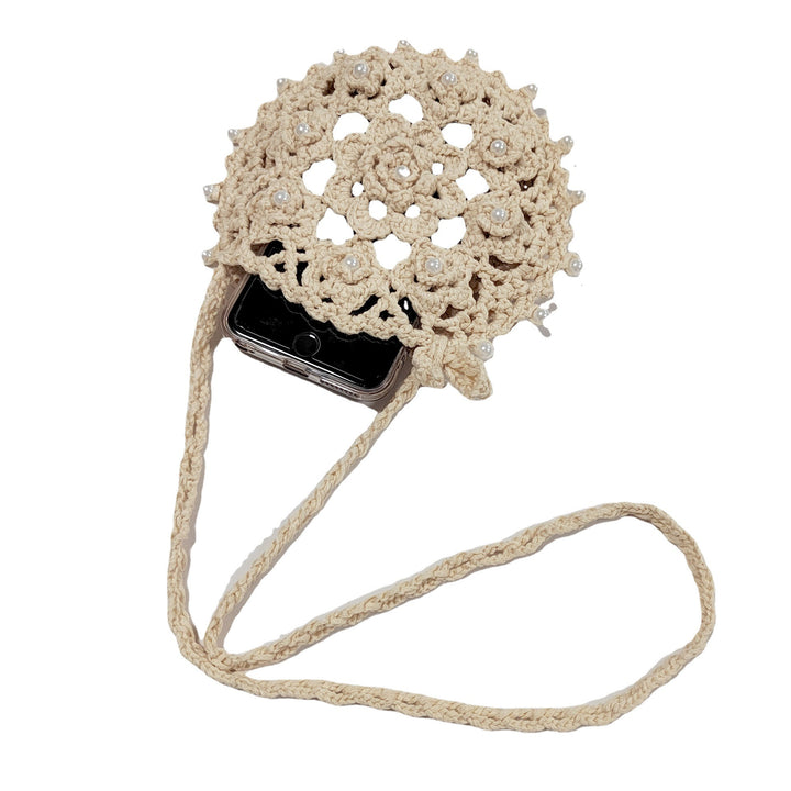 Damen handgefertigte Häkel-Handtasche mit Perlenschmuck Drune