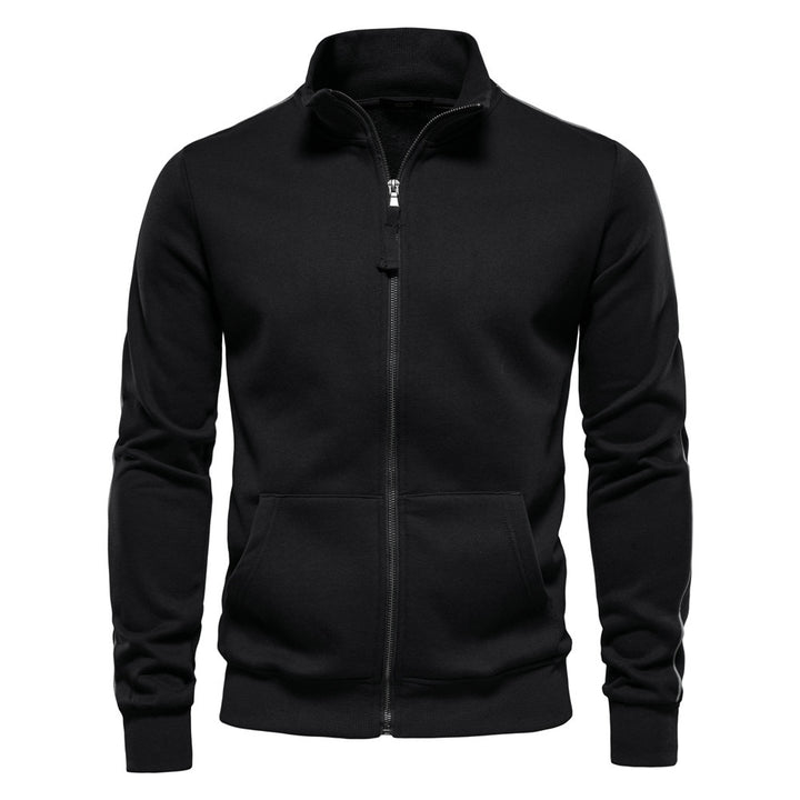 Herren nan sportive Baumwoll-Sweatjacke mit Stehkragen und Kängurutaschen Drune