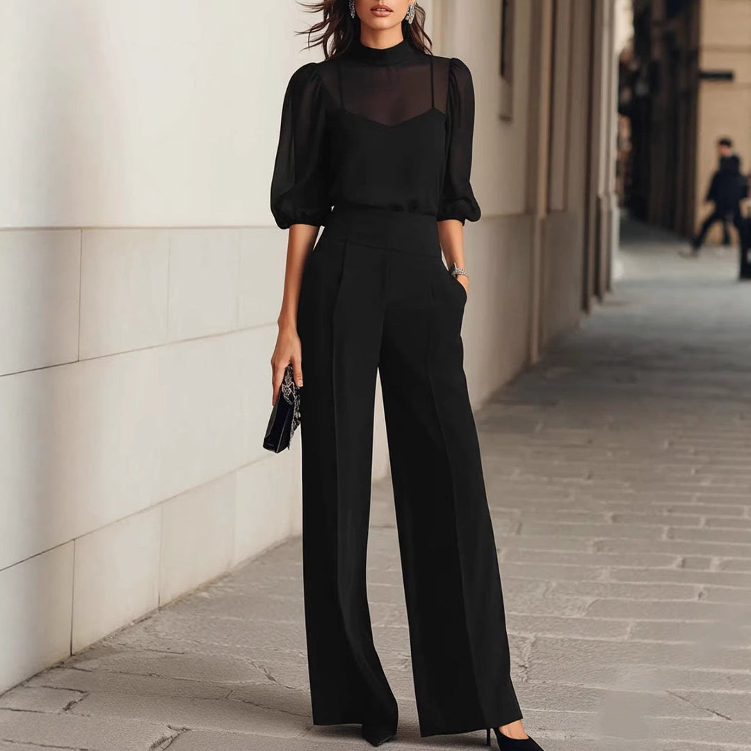 Damen elegantes Blusenset mit weiten Beinen und transparenten Ärmeln Drune