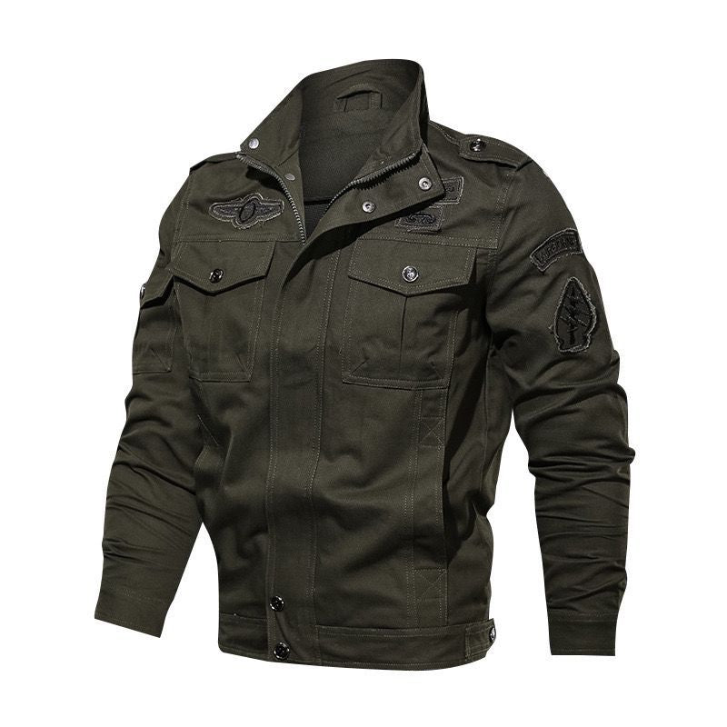 Herren Militärische Canvas-Fieldjacke mit Aufnähern und Stehkragen Drune