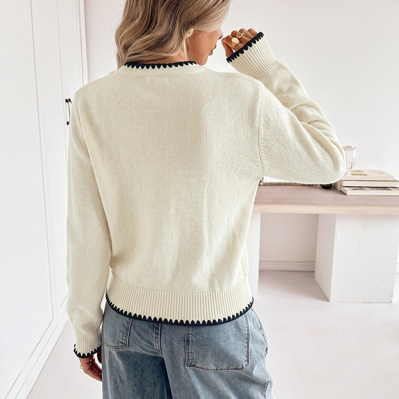Damen Feingestrickter V‑Ausschnitt‑Cardigan mit kontrastierender Zierkante und Zierknöpfen Drune