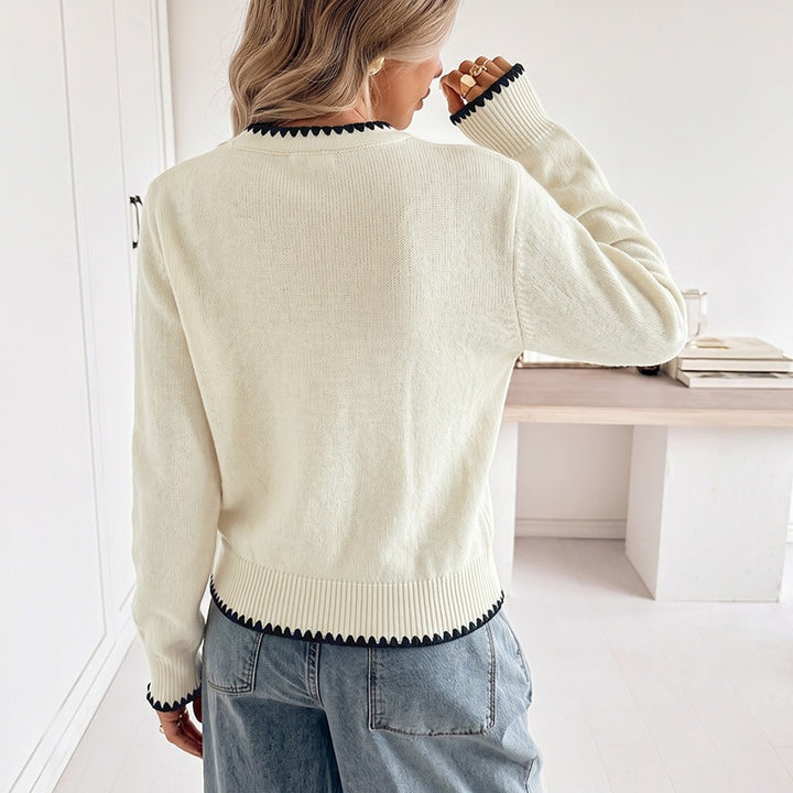 Damen Feingestrickter V‑Ausschnitt‑Cardigan mit kontrastierender Zierkante und Zierknöpfen Drune