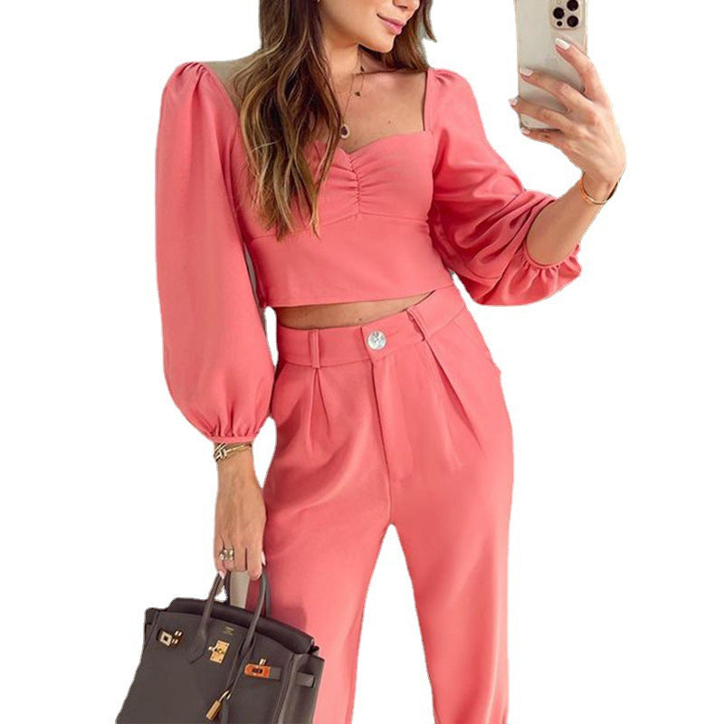 Damen modisches Zweiteiler-Set mit Puffärmeln und hochgeschnittener Hose Drune