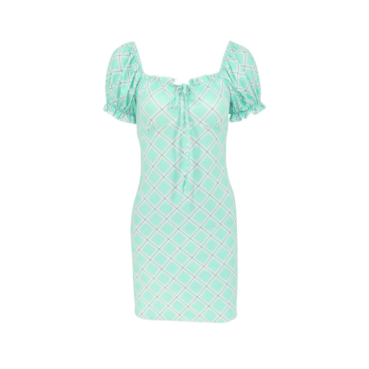 Damen figurbetontes Minikleid mit Puffärmeln und Karomuster Drune