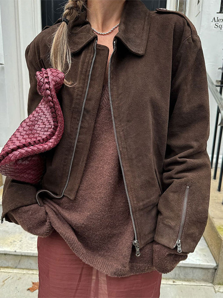 Damen lässige Kurzjacke aus weichem Material mit praktischen Reißverschlüssen Drune