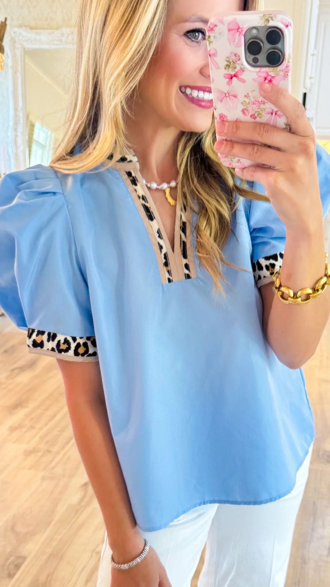 Damen nan legeres Blusen-Top mit voluminösen Puffärmeln, V-Ausschnitt und Leoprint-Besatz Drune