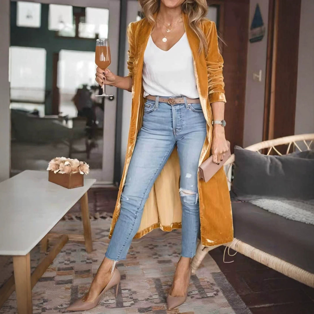 Damen Elegante Veloursjacke mit hohem Kragen Drune
