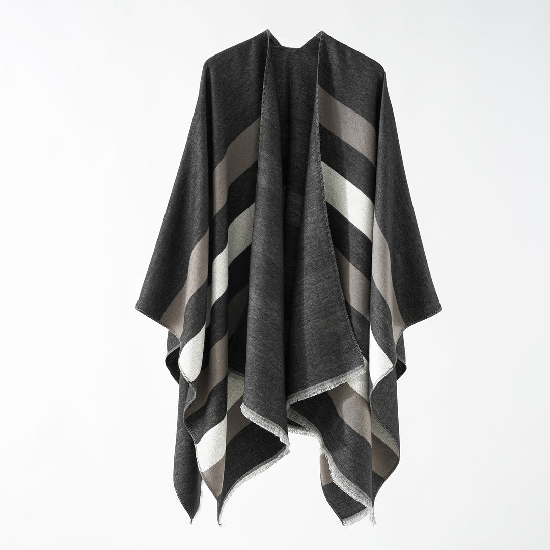 Damen Feiner Wollmix‑Capeüberwurf mit diagonaler Streifenstruktur und Fransensaum Drune