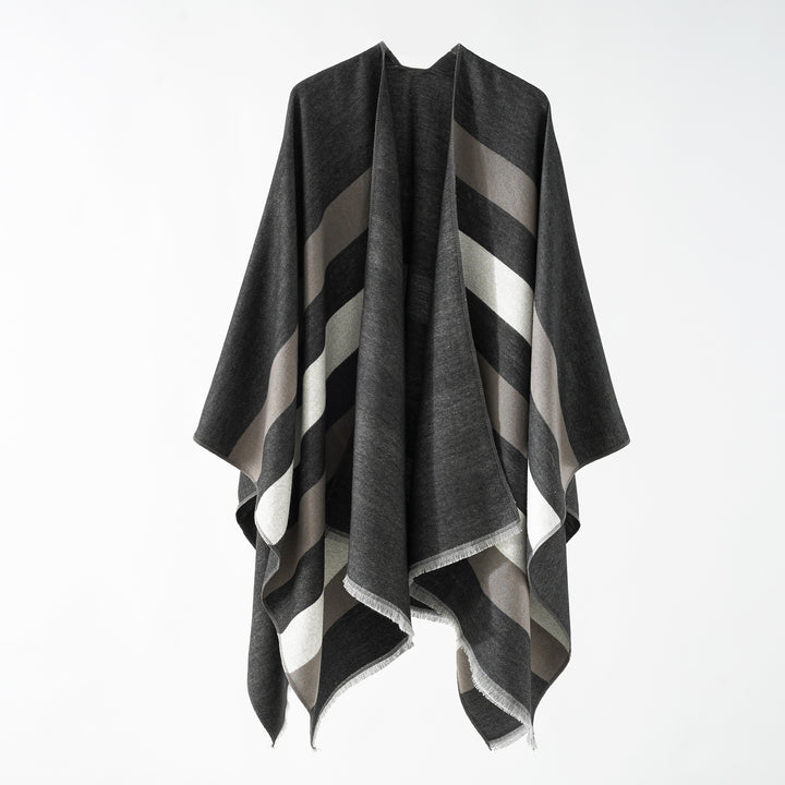 Damen Feiner Wollmix‑Capeüberwurf mit diagonaler Streifenstruktur und Fransensaum Drune