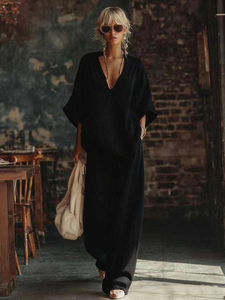 Damen nan lässiges zweiteiliges Leinenoptik-Set mit tiefem V-Ausschnitt, Oversize-Bluse und weitem Palazzo-Hosen Drune