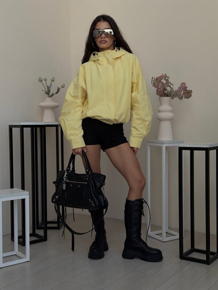Damen Oversize Windbreaker Jacke mit Kapuze und kurzem Cropped‑Schnitt Drune