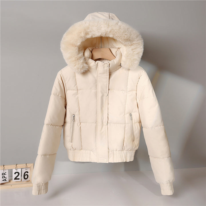 Damen nan kurzer isolierender Kapuzenblouson mit voluminöser Pelzkragenblende und elastischem Rippsaum Drune