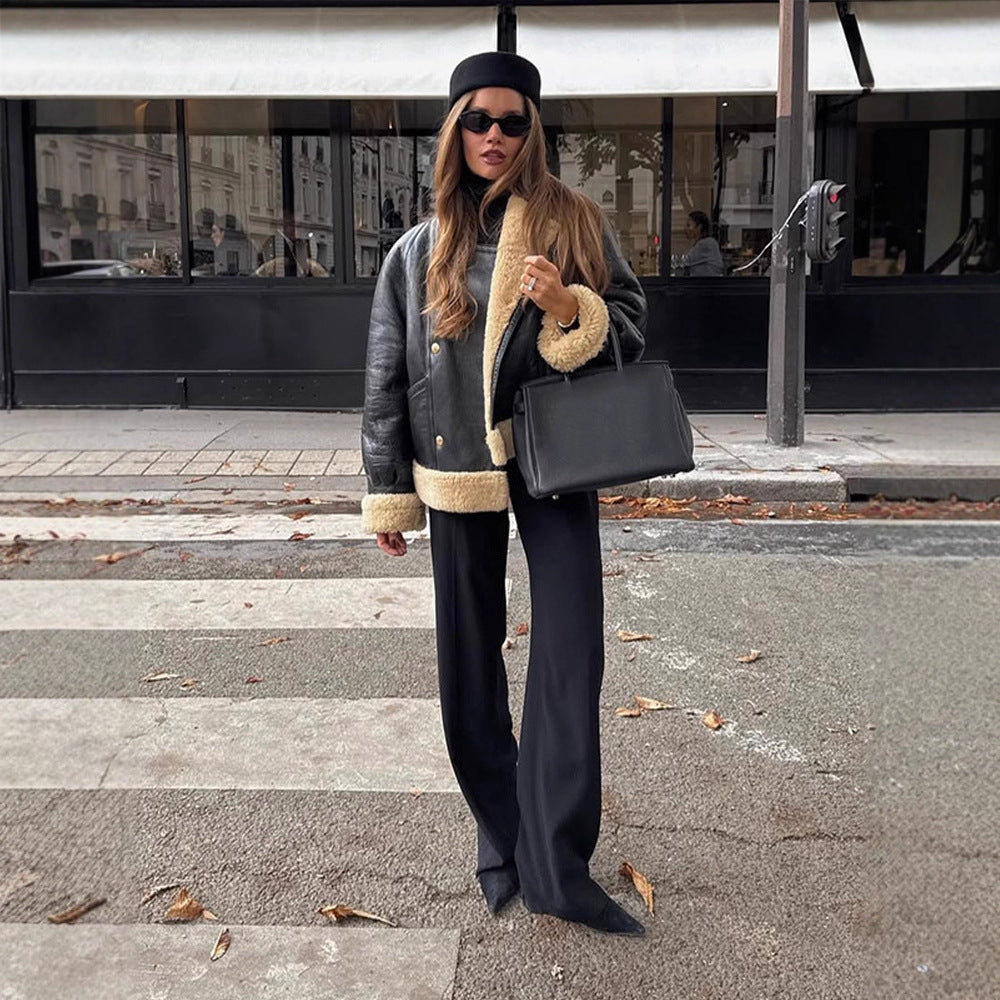 Damen Kurzjacke im Aviator‑Stil mit Teddy‑Innenfutter und doppelreihiger Druckknopffront Drune