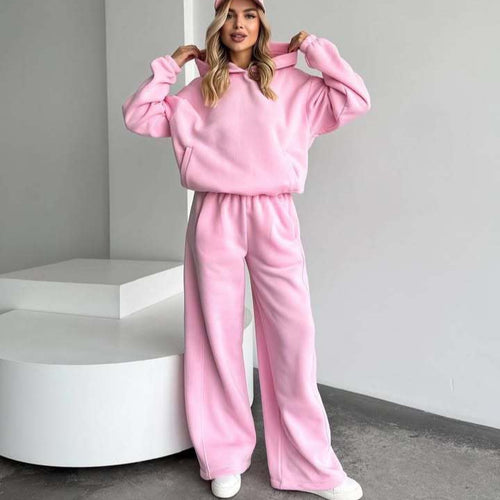 Damen Oversize Loungewear-Set aus schwerem Sweat mit Kapuzenpullover und weitem hochgeschnittenem Jogger Drune