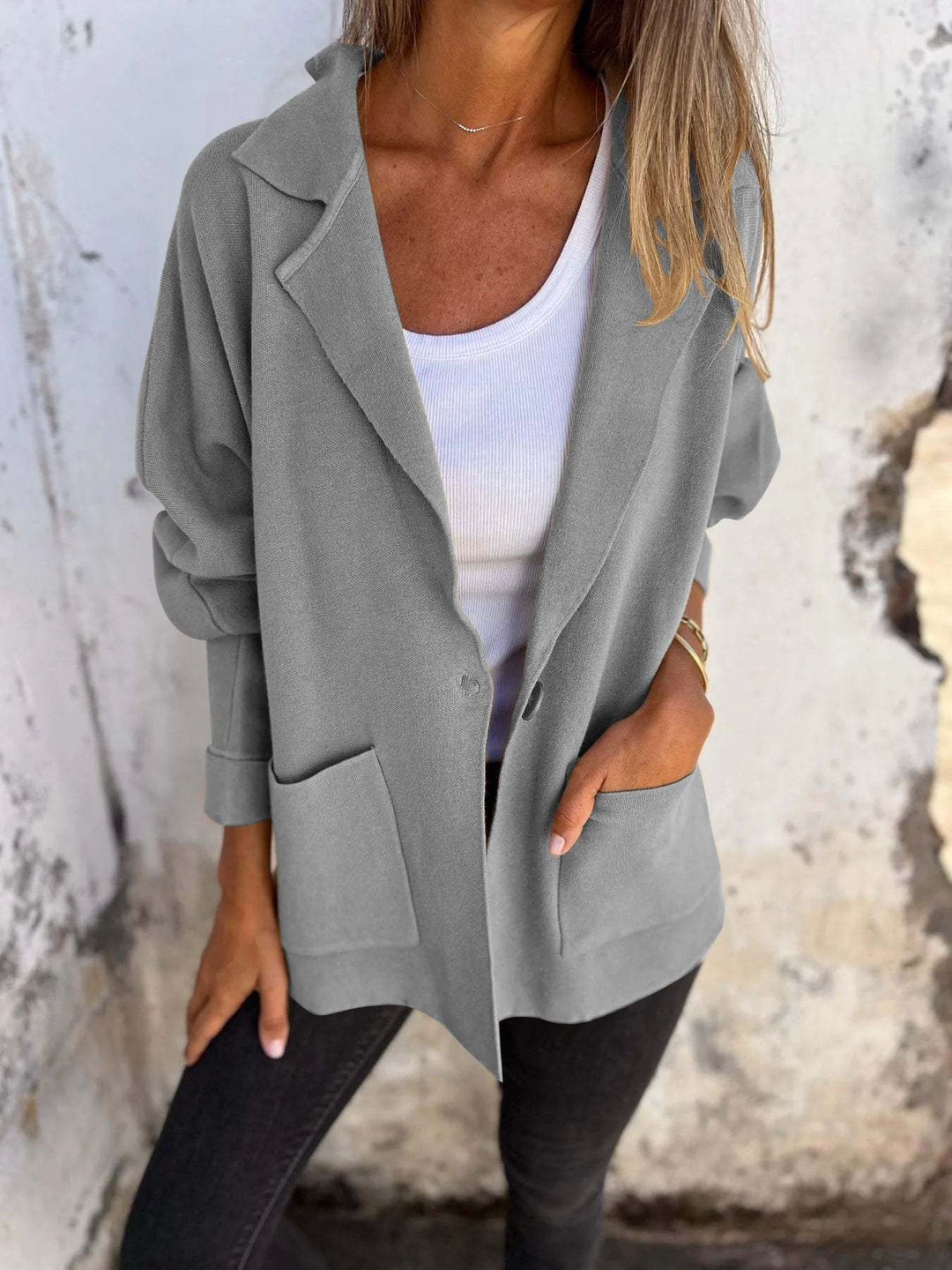 Damen Lässiger Oversize-Blazer mit praktischen Taschen und Knopfverschluss Drune