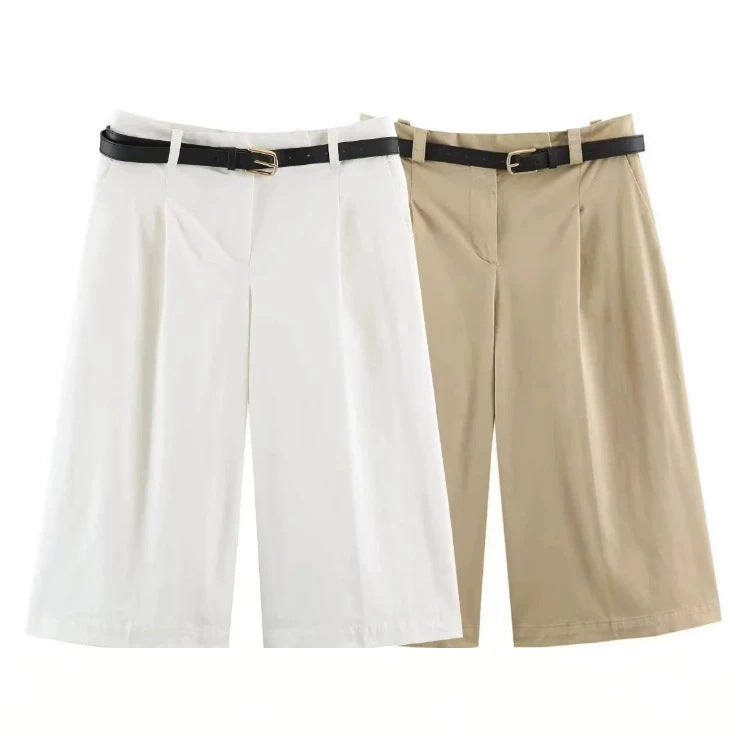 Damen Hochtaillierte Culotte‑Shorts mit Bügelfalte und Ziergürtel Drune