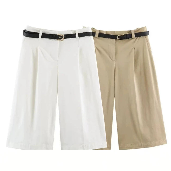 Damen Hochtaillierte Culotte‑Shorts mit Bügelfalte und Ziergürtel Drune