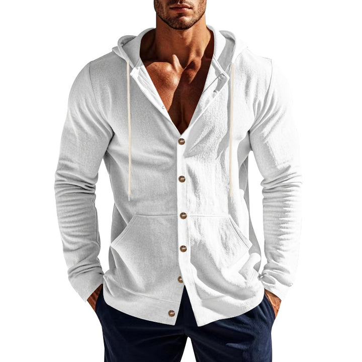 Herren nan sportive Kapuzenjacke mit Knopfverschluss, Kängurutasche und figurbetonter Passform Drune
