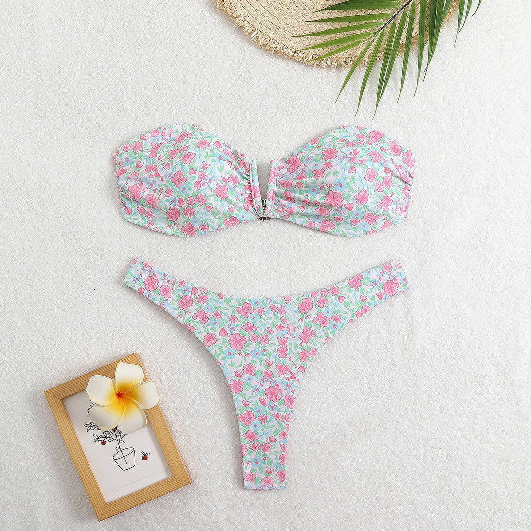 Damen Bandeau-Bikini mit floralem Design und elegantem Verschluss Drune