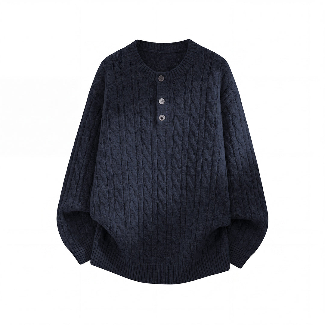 Unisex Oversize Zopfmuster-Strickpullover mit Henley-Knopfleiste Drune
