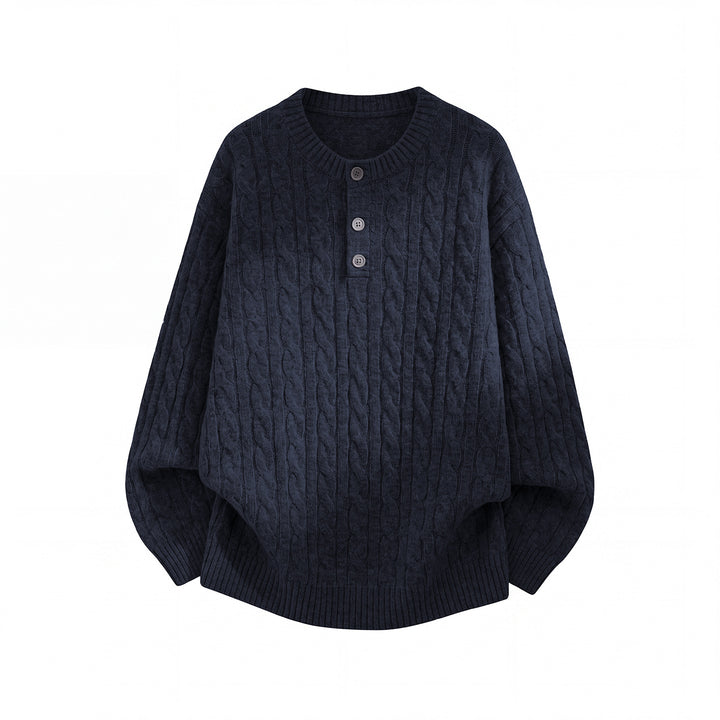 Unisex Oversize Zopfmuster-Strickpullover mit Henley-Knopfleiste Drune