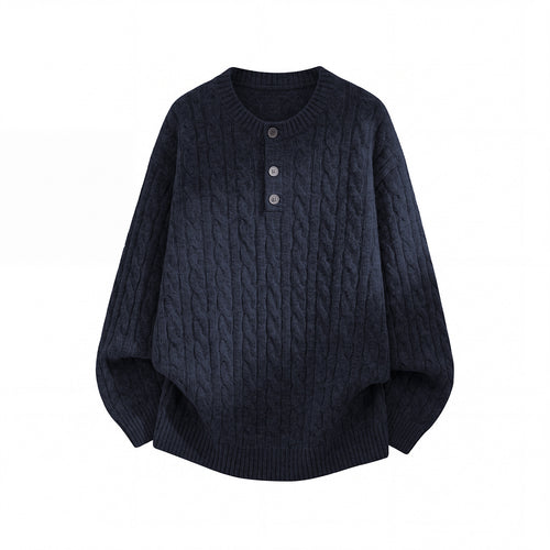 Unisex Oversize Zopfmuster-Strickpullover mit Henley-Knopfleiste Drune