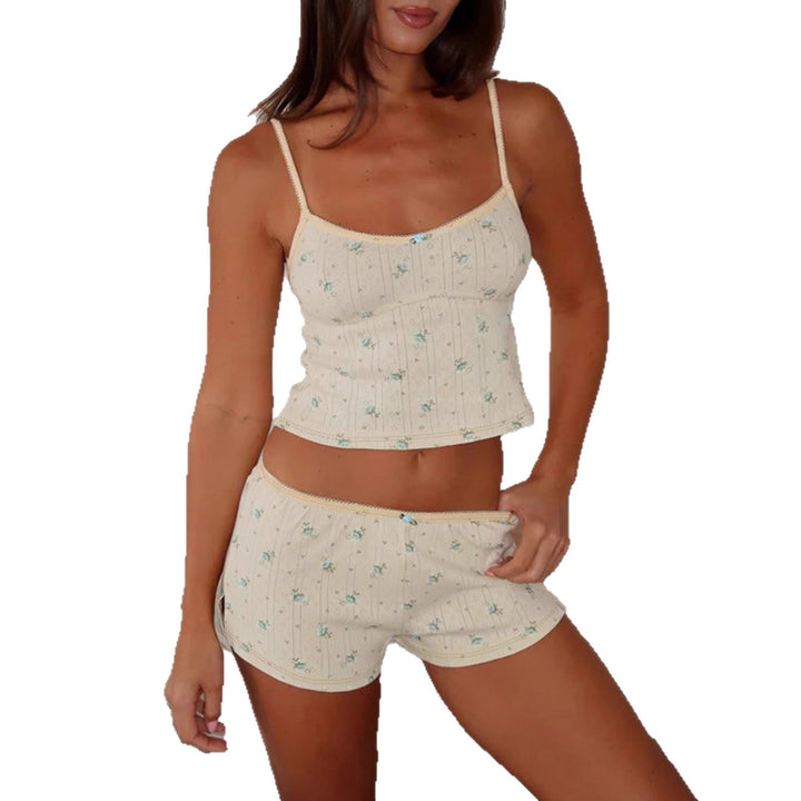 Damen Schlafanzug-Set mit feinem Blumenmuster und Spaghettiträgern Drune