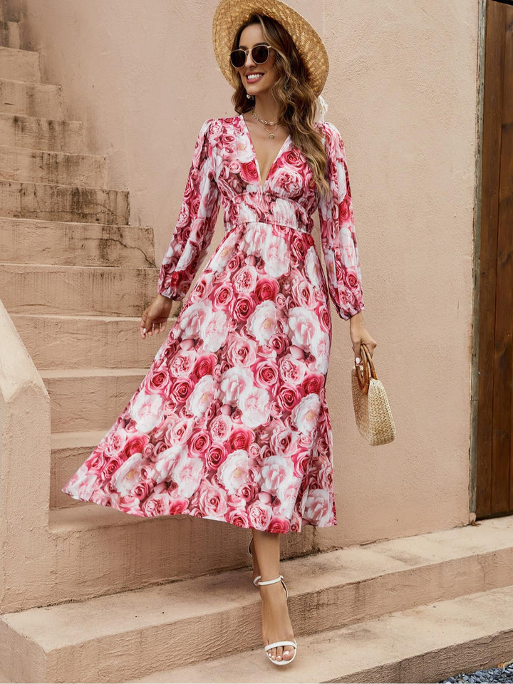 Damen Langes Sommerkleid mit fließendem Schnitt und botanischem Rosenmuster Drune