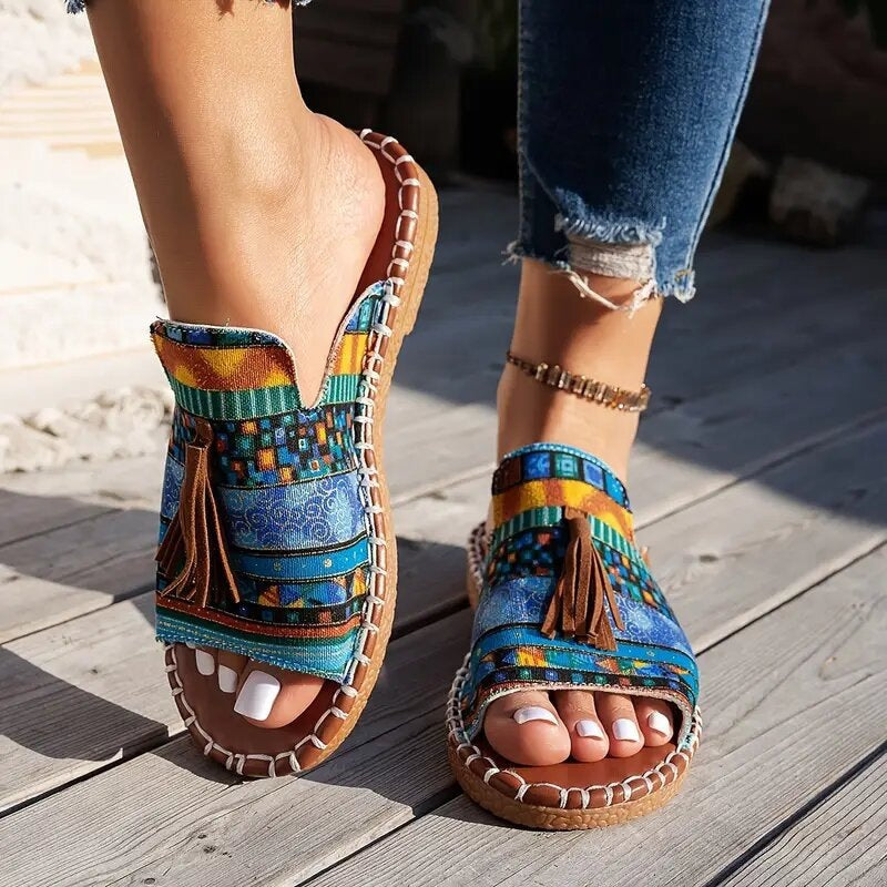 Damen Boho-Ethno-Quasten-Pantoletten mit geflochtener Sohle und gepolstertem Fußbett Drune