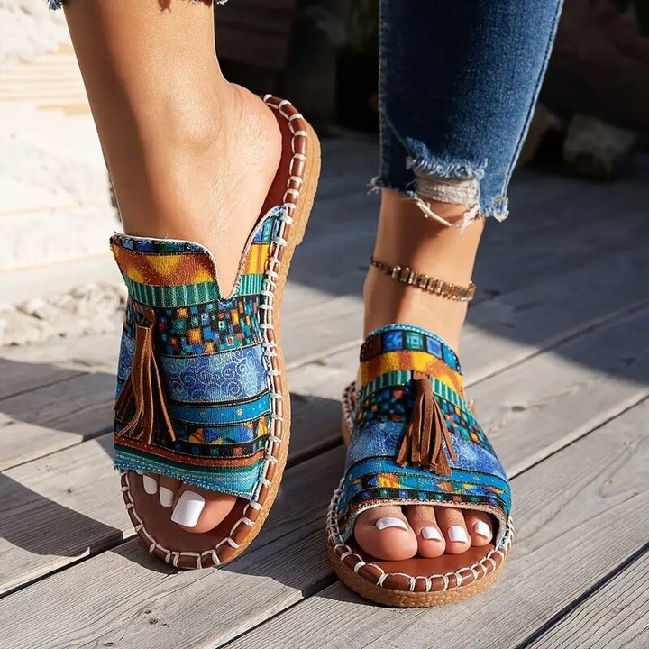 Damen Boho-Ethno-Quasten-Pantoletten mit geflochtener Sohle und gepolstertem Fußbett Drune