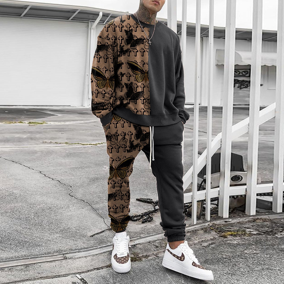 Herren Weit geschnittenes Freizeit-Set aus Baumwollfleece mit grafischem Frontprint und Kordel-Jogger Drune