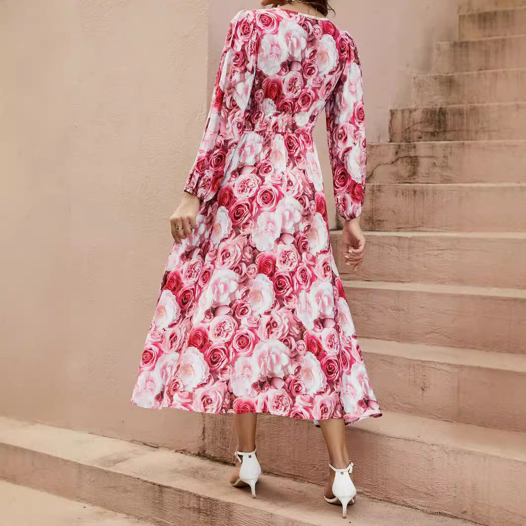 Damen Maxikleid mit tiefem V-Ausschnitt und elastischem Taillenband Drune