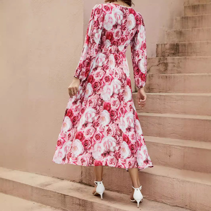 Damen Maxikleid mit tiefem V-Ausschnitt und elastischem Taillenband Drune