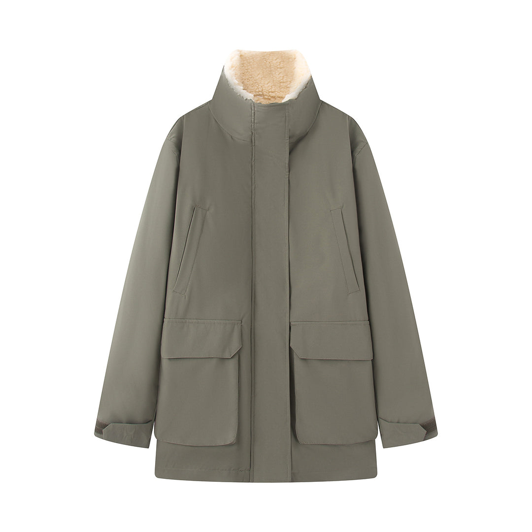 Damen nan oversized Parka mit hohem Teddygefüttertem Stehkragen, verdeckter Frontleiste und großen Klappentaschen Drune