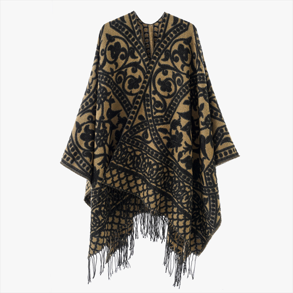 Damen Jacquard-Überwurf mit orientalischem Ornamentmuster und Fransensaum Drune