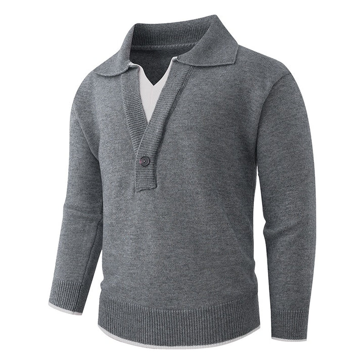 Herren Feinstrick-Pullover mit Polokragen und Ein-Knopf-Halbblende Drune