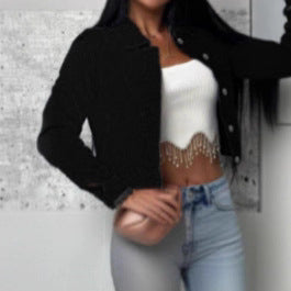 Damen Kurz geschnittene taillierte Jeansjacke mit durchgehender Knopfleiste und Hemdkragen Drune